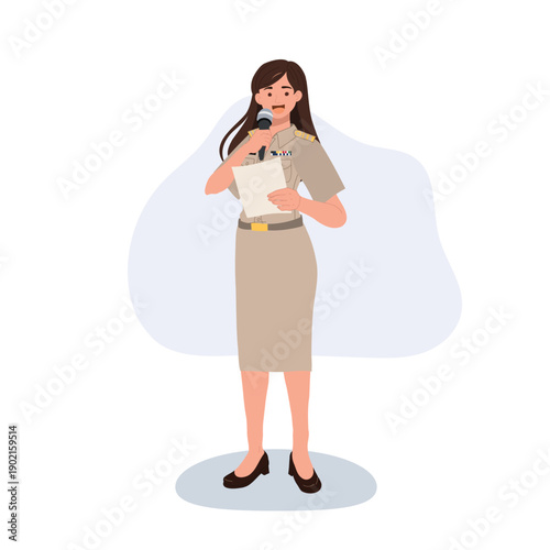 announcement presenter in official uniform speaking with microphone and report paper character