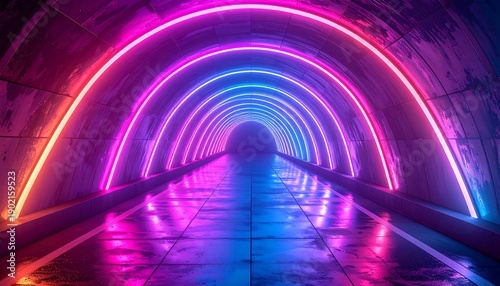 Vibrant Neon Tunnel with Futuristic Archways and Reflective Floor.