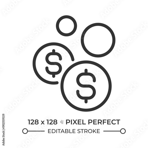 Floating coins pixel perfect line icon. Financial bubble. Money management during economy recession. Isolated vector illustration. Outline symbol. Simple linear drawing. Editable stroke