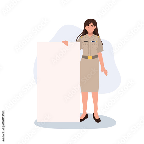 public information advertisement concept woman public servant holding blank poster space for text