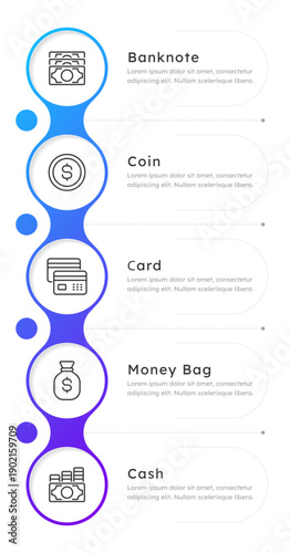 Savings and salary blue gradient round infographic 5 steps. Money amount keeping. Payment types. Financial management. Abundance. Editable thin line icons diagram process. Lexend font used