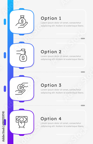 Money earnings blue square gradient infographic 4 steps. Income finance management. Hands holding cash. Wealth and prosperity growing. Editable thin line icons diagram process. Lexend font used