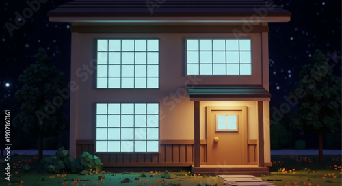 Cozy Cartoon House at Night with Glowing Windows.
