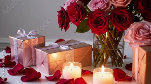 Valentines day romantic decoration with roses boxed gifts candles
