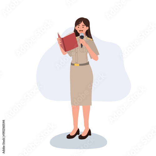 speaker with microphone woman teacher in official uniform giving lecture seminar workshop character