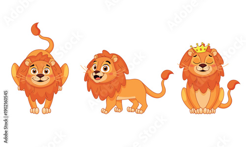 Playful jumping lion, cheerful walking lion cub, and calm sitting lion king wearing a crown. Friendly animal characters in bright flat vector style with warm colors, isolated on white background