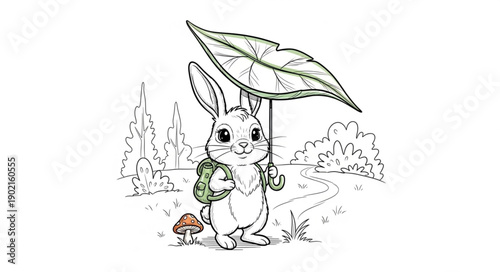 Cute bunny holding a leaf umbrella with a mushroom nearby.
