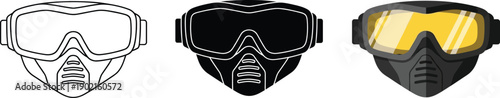 Collection of protective masks and goggles including outline silhouette and colored vector graphics for safety and sports concepts