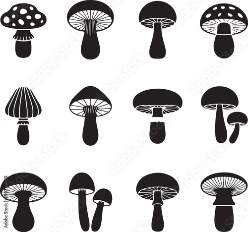 Black silhouettes of various mushrooms on white background