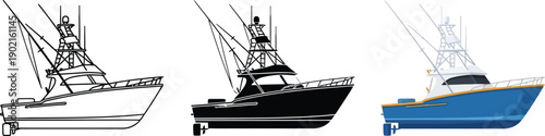 Set of fishing boat illustrations including line art silhouette and color vector for marine sport and travel concepts