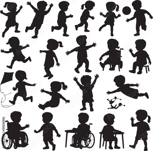 Collection of children silhouettes in various playful poses and activities