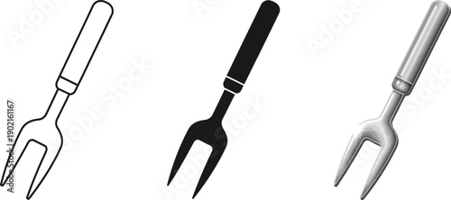 Collection of carving fork icons in outline silhouette and realistic styles perfect for culinary or BBQ related designs