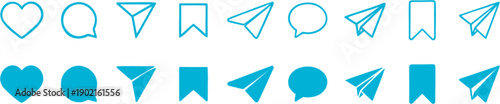 A minimalist set of social media interaction icons showing outline and filled styles for like, comment, share, and bookmark, arranged in a clean grid on a light gray background for modern UI and UX de