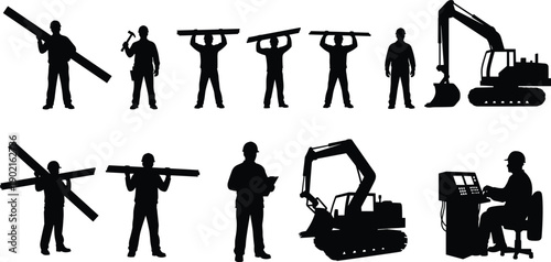 Black silhouette collection of construction workers and heavy machinery including excavators and laborers carrying wood planks isolated on a clean white background