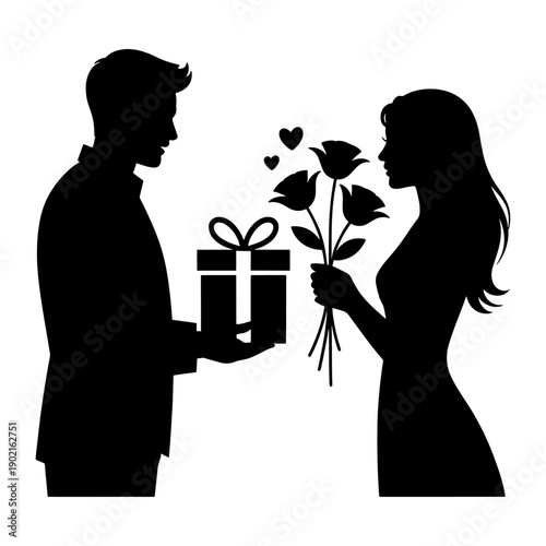 Love concept Illustration : A man is giving gift box to a woman and the woman is giving flowers to the man, Silhouette Illustration