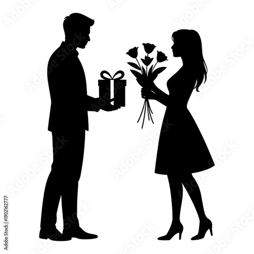 Love concept Illustration : A man is giving gift box to a woman and the woman is giving flowers to the man, Silhouette Illustration