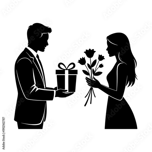 Love concept Illustration : A man is giving gift box to a woman and the woman is giving flowers to the man, Silhouette Illustration