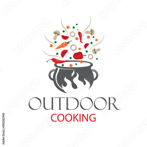 outdoor cooking process on cauldron isolated on white background