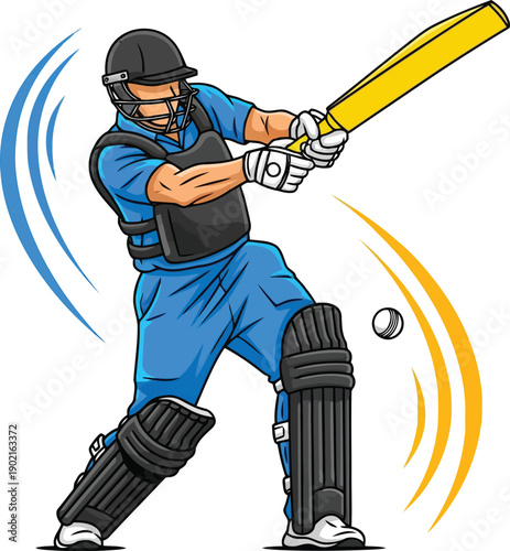 A cartoon cricket player in blue uniform hitting a ball