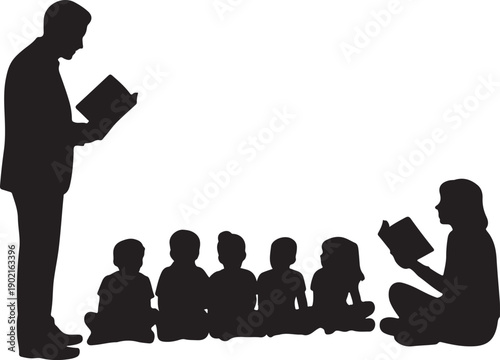 Silhouette of adults reading to children sitting on floor