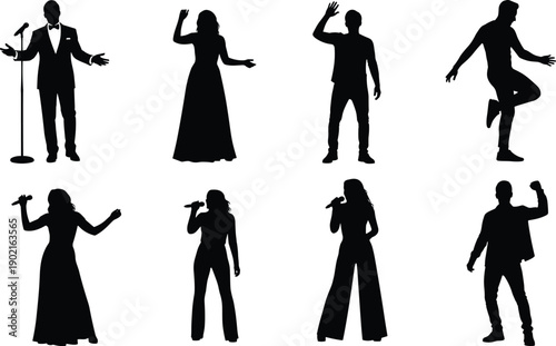 Silhouette collection of professional singers and entertainers performing with microphones in various poses isolated on white background for concert music festival and event promotion