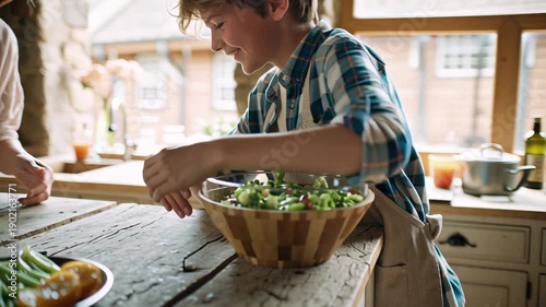 Elderly woman and young boy joyfully preparing salad together in rustic kitchen
