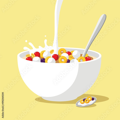 A bowl of colorful cereal with milk splash and a side of cereal