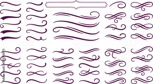 Collection of elegant purple swirls and decorative elements isolated on transparent background for design and embellishment purposes