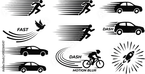 Motion graphics elements showcasing speed and movement with cars cyclists runners and birds in fast motion isolated on transparent background