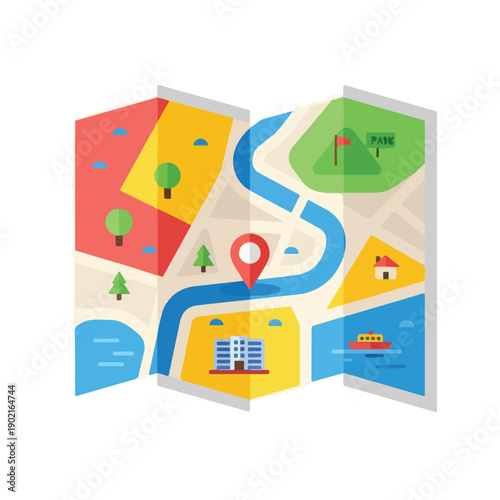 A brightly colored folded map with various illustrative location markers