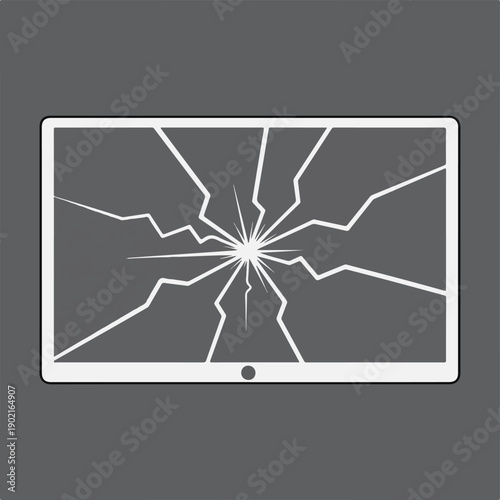 A broken screen graphic, white on grey, with radial cracks