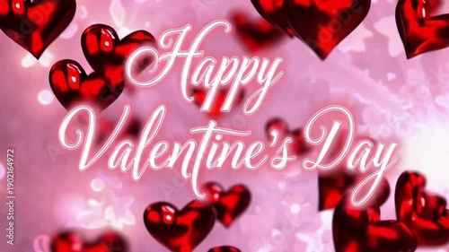 Animated closeup Happy Valentines Day text and motion abstract red heart with flowers on Valentines day background
