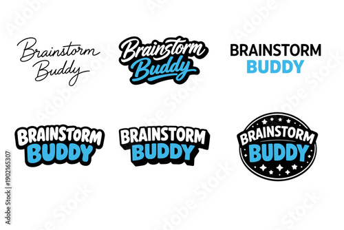 Creative brainstorm buddy logos in various modern typography styles