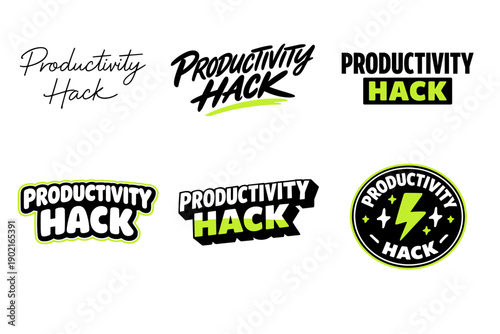 Creative typography of productivity hack in various bold, stylish fonts
