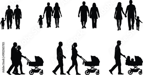 Silhouettes of Families Walking Together with Young Children and Strollers, Illustrating Parental Love, Childhood, Bonding, Parenting Concepts, and Happy Family Life in Black and White.