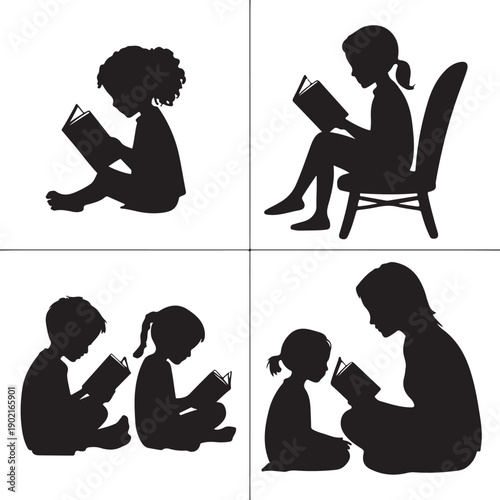 silhouettes of people reading books in different positions and sitting places  education and literature concept