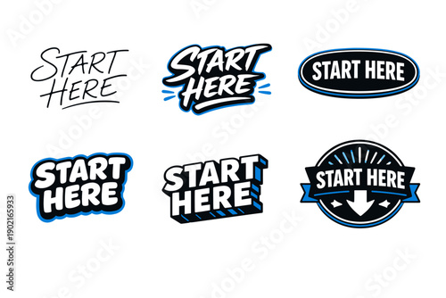 Collection of start here designs in various typography styles
