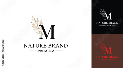 Logo design featuring a large letter m with a leafy branch and the words nature brand premium in a stylish font on a white background