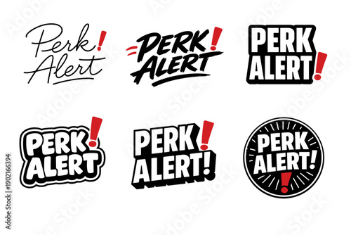 Perk alert logos: bold designs with exclamation marks and dynamic typography