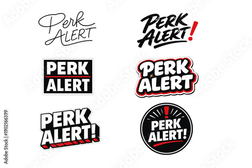 Perk alert logo designs in various bold styles and fonts