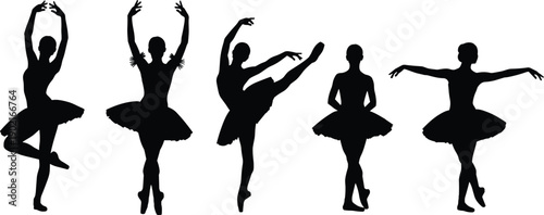 Silhouettes of Professional Ballerina Dancers in Tutus, Elegant Ballet Performance Poses Set, Classical Dance Theater and Graceful Artistic Fitness Concept Elements