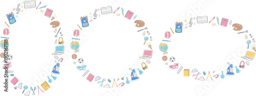 学校生活の文房具や学用品　イラストの丸フレームセット　水色・ピンク