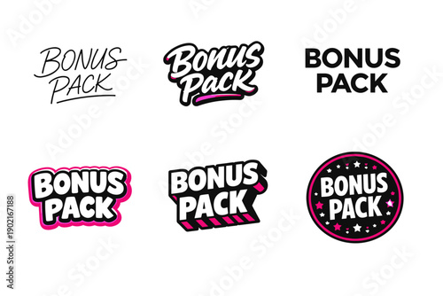 Set of six bold and vibrant bonus pack text designs with various fonts and styles