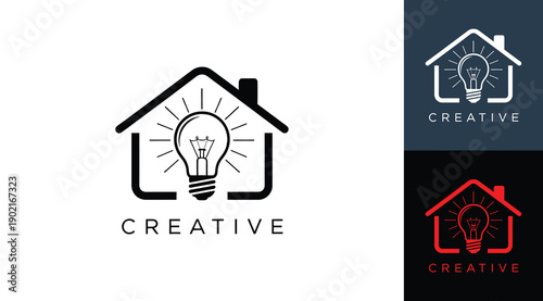 Creative logo design featuring house outline with light bulb icon and radiant rays, symbolizing innovation and inspiration, adaptable in black, white, and red color schemes on light and dark backgroun