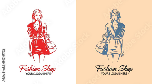 Elegant fashion shop logo design featuring stylized woman with jacket, skirt, and handbag, adaptable in red and blue color schemes on white and peach backgrounds, ideal for boutique branding and retai