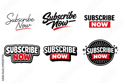 Diverse subscribe now logos designs in black and red styles