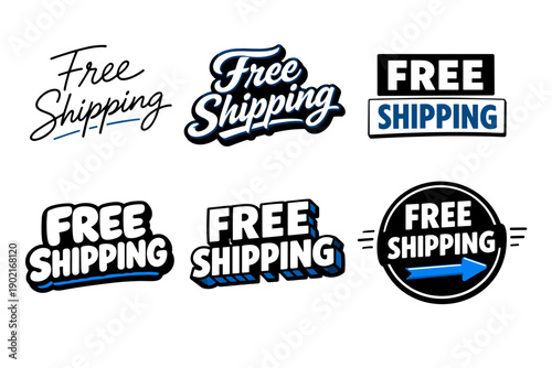 Assorted free shipping labels with bold lettering and arrow icon