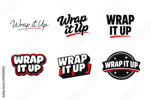 Variety of black and red 'wrap it up' logos in different styles and fonts