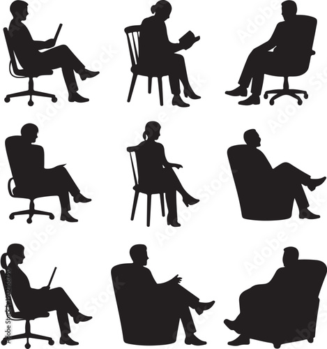 silhouettes of people sitting on chair or sofa in various positions and reading or typing on laptop isolated on white background