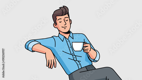 A cartoon man enjoys a drink while relaxing and daydreaming